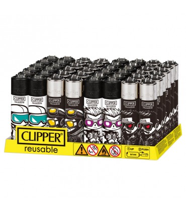 accendino Clipper large BIG HEADS conf. 48 pz. assortiti IN 4 GRAFICHE