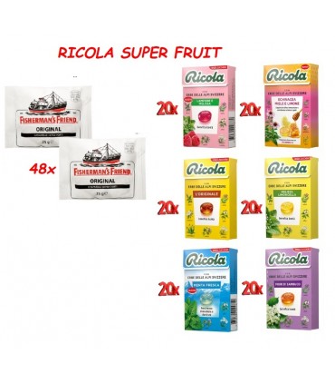 PACK RICOLA SUPER FRUIT CON GUSTO NUOVO MELISSA&LAMPONE da 120PZ.+ 48PZ. FISHERMAN ORIGINAL