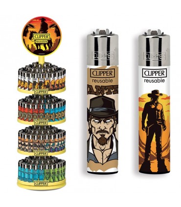 Accendino Clipper LARGE COWBOY LIFE Expo Girevole da 192 PZ assortito con 16 grafiche