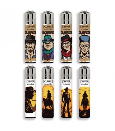 Accendino Clipper LARGE COWBOY LIFE Expo Girevole da 192 PZ assortito con 16 grafiche