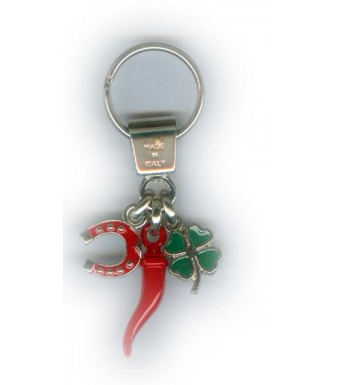 Corno Portafortuna Con Quadrifoglio e Ferro di Cavallo In Metallo Artigianale e Smaltato a Mano Cartella da 12 pz.