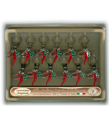 Corno Portafortuna Con Quadrifoglio e Ferro di Cavallo In Metallo Artigianale e Smaltato a Mano Cartella da 12 pz.