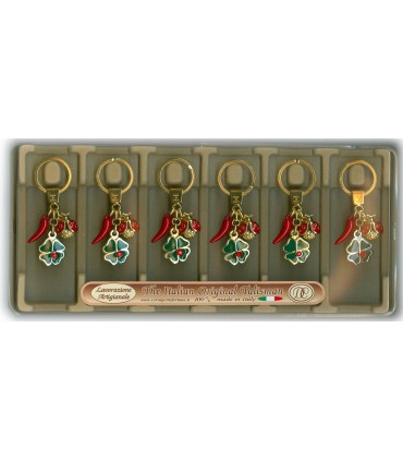 Corno Portafortuna In Metallo Artigianale e Smaltato a Mano Con Quadrifoglio CON BRILLANTINO E COCCINELLA  Cartella da 6 pz.