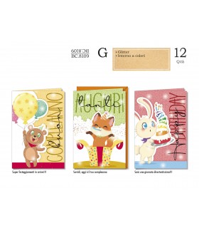 Biglietto CROMO COMPLEANNO ANIMALETTI CON GLITTER CONF. 12 PZ. ASSORTITI