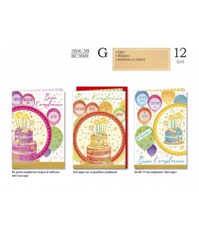 Biglietto CROMO COMPLEANNO CON LAVORAZIONE IN ORO E RILIEVO CONF. 12 PZ. ASSORTITI