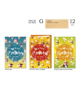 Biglietto CROMO COMPLEANNO CON GLITTER CONF. 12 PZ. ASSORTITI