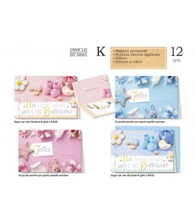 Biglietto CROMO BATTESIMO PORTASOLDI CON RILIEVO CONF. 12 PZ. ASSORTITI