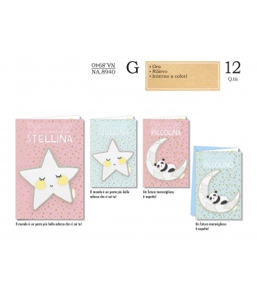 Biglietto CROMO NASCITA CON LAVORAZIONI IN ORO E RILIEVO CONF. 12 PZ. ASSORTITI