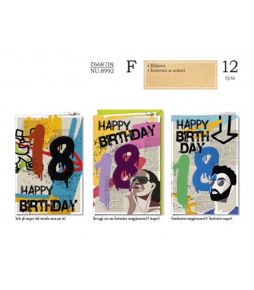 Biglietto CROMO COMPLEANNO 18 ANNI CON RILIEVO E INTERNO A COLORI CONF. 12 PZ. ASSORTITI