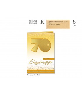 Biglietto CROMO COMPLEANNO 70 ANNI CON NUMERO APPLICATO IN CARTA CONF. 6 PZ.